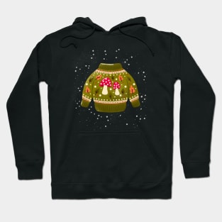 Christmas holiday sweater with cute mushrooms and leaves. Colorful winter festive illustration. Hoodie